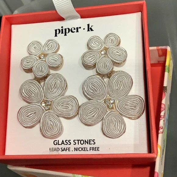 Piper Flower Earrings, Glass Stones, Ivory, Gold Trim, Pierced Nickel Free - Picture 8 of 9